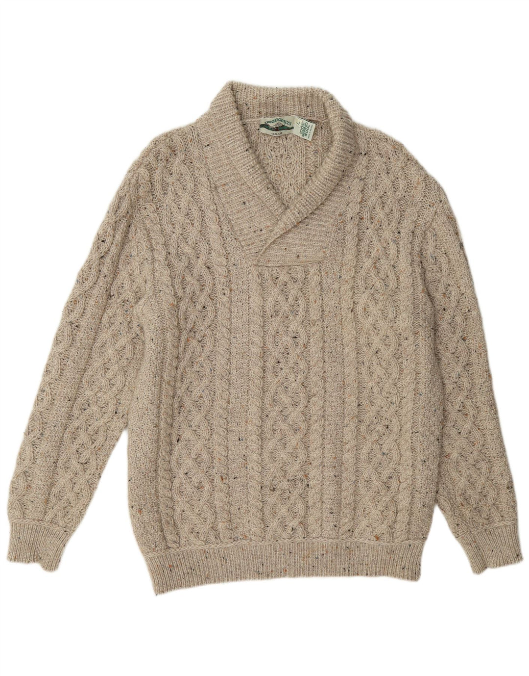 Aran Crafts Suéter tipo jersey con cuello chal para hombre de lana moteada color beige grande