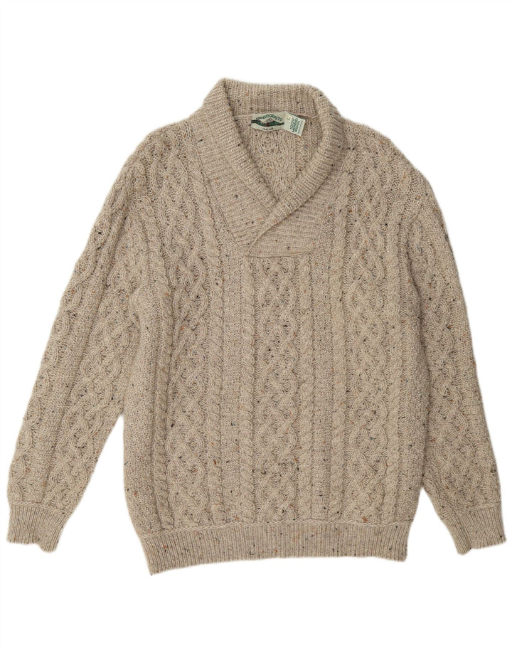 Aran Crafts Suéter tipo jersey con cuello chal para hombre de lana moteada color beige grande