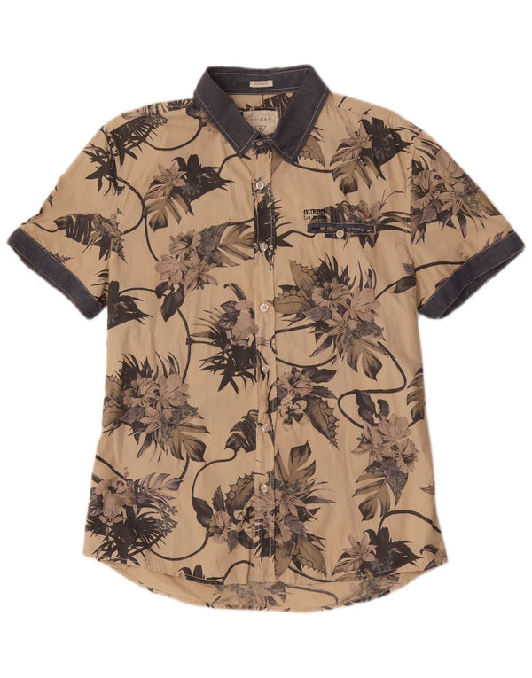 Guess Camisa Slim Fit de Manga Corta para Hombre UK 40 Medium Beige Floral Cotton