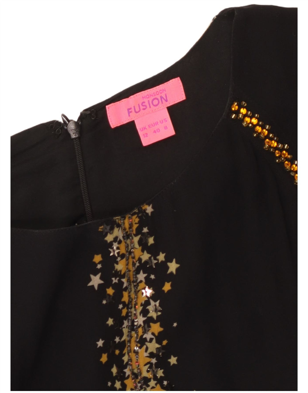 MONSOON Vestido acampanado de manga 3/4 con estampado abstracto para mujer, talla 44, talla M, color negro