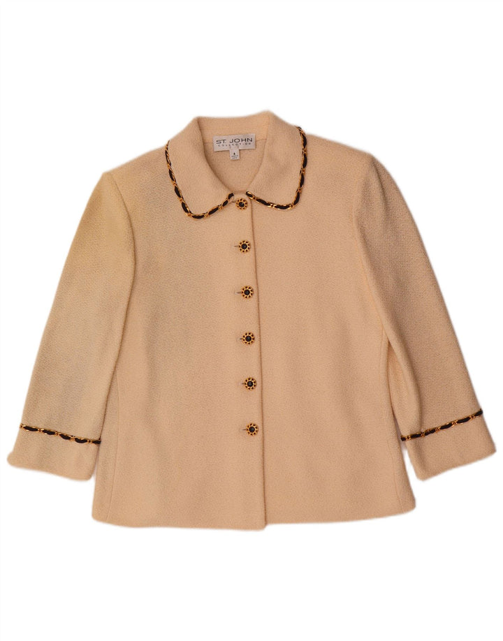 VINTAGE Mujer 3/4 Manga Cardigan Suéter US 8 Mediana Lana Blanca
