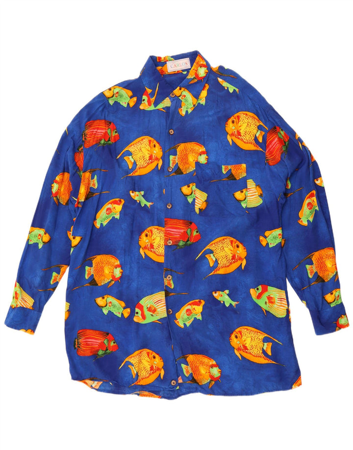 Camisa Vintage Hombre Patrón Abstracto Talla 44 XL Viscosa Azul