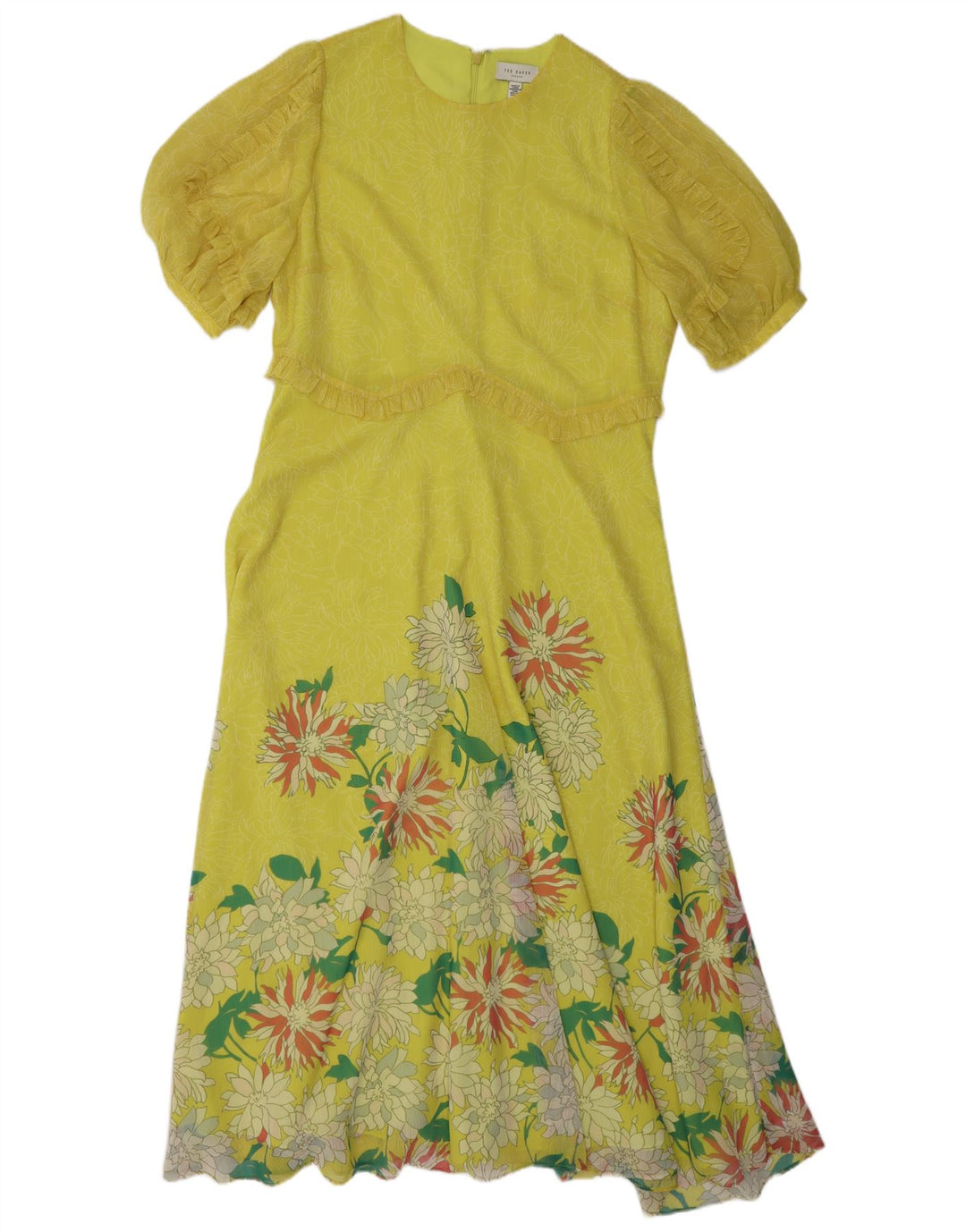 TED BAKER Vestido acampanado con volantes para mujer Talla 4 Poliéster floral amarillo grande