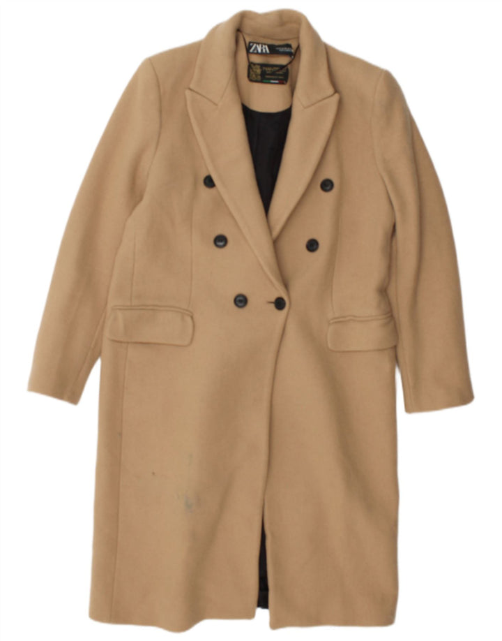 Zara Mujer Abrigo Cruzado UK 44 Poliéster Beige Medio