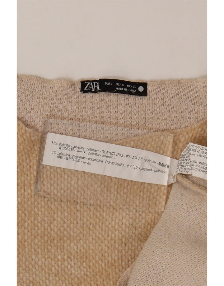 Zara Mujer Crop Top Manga Larga UK 10 Small Beige Poliéster