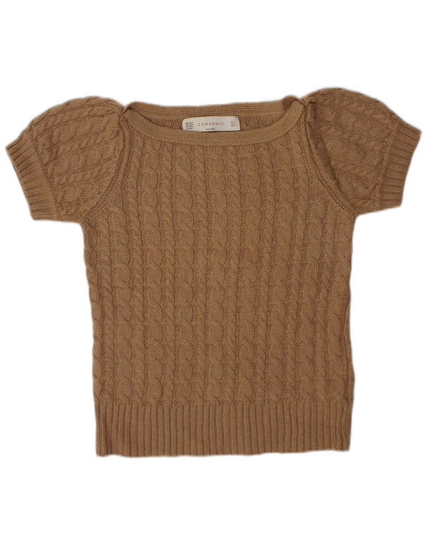 Zara Mujer Jersey De Manga Corta Jersey UK 10 Small Marrón Algodón