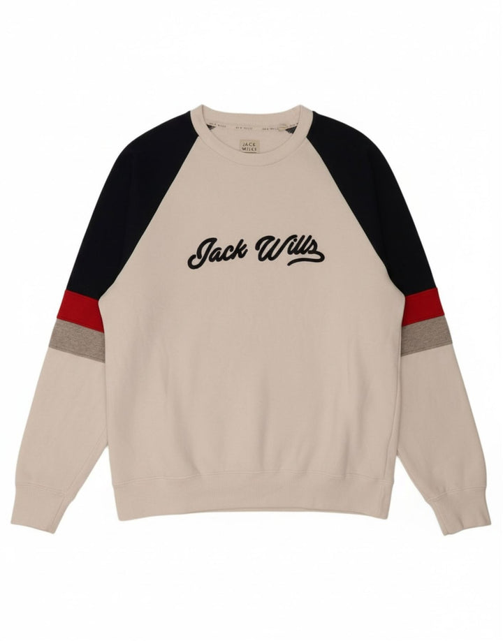 JACK WILLS Mens Graphic Sweatshirt Jumper Large White Colourblock Cotton