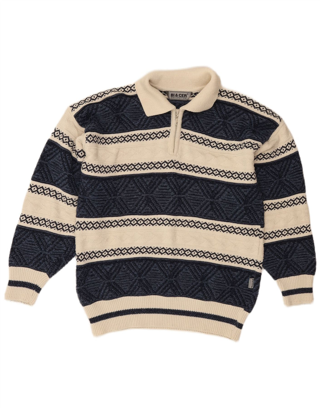 VINTAGE Hombres Polo Cuello Jersey Suéter Medio Azul Marino Fair Isle Algodón
