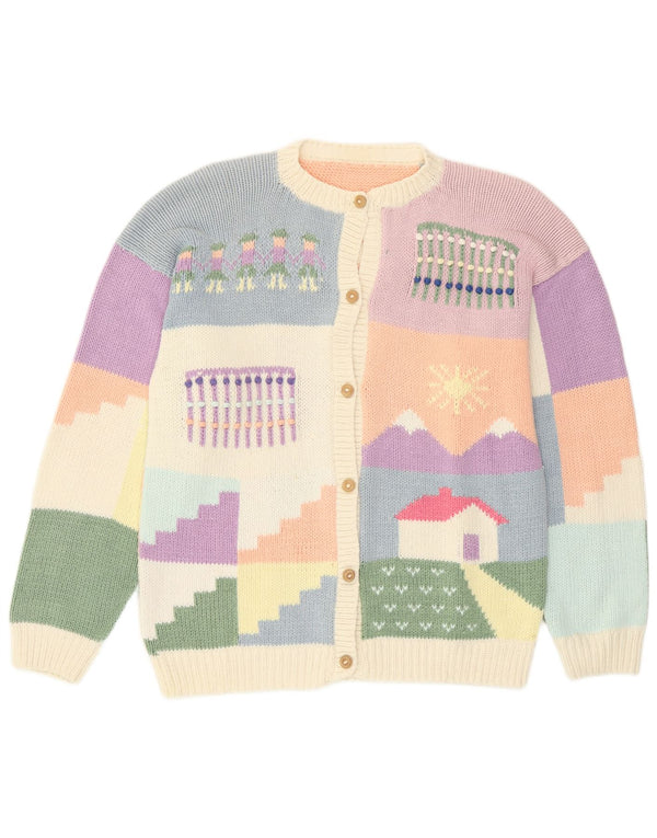 Vintage mujer gráfico cardigan suéter Reino Unido 14 gran patchwork multicolor