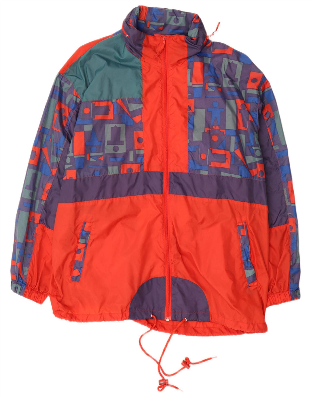 Vintage hombres con capucha chaqueta de lluvia Reino Unido 40 grande multicolor geométrico