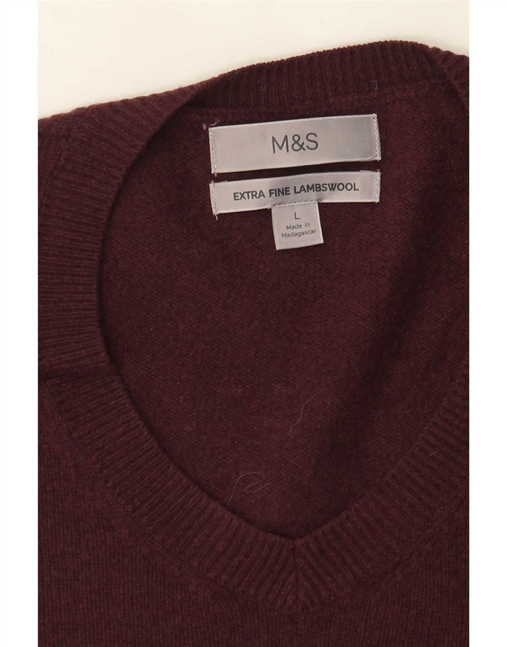 Marks & Spencer Jersey con Cuello en V para Hombre de Lana de Cordero Burdeos Grande