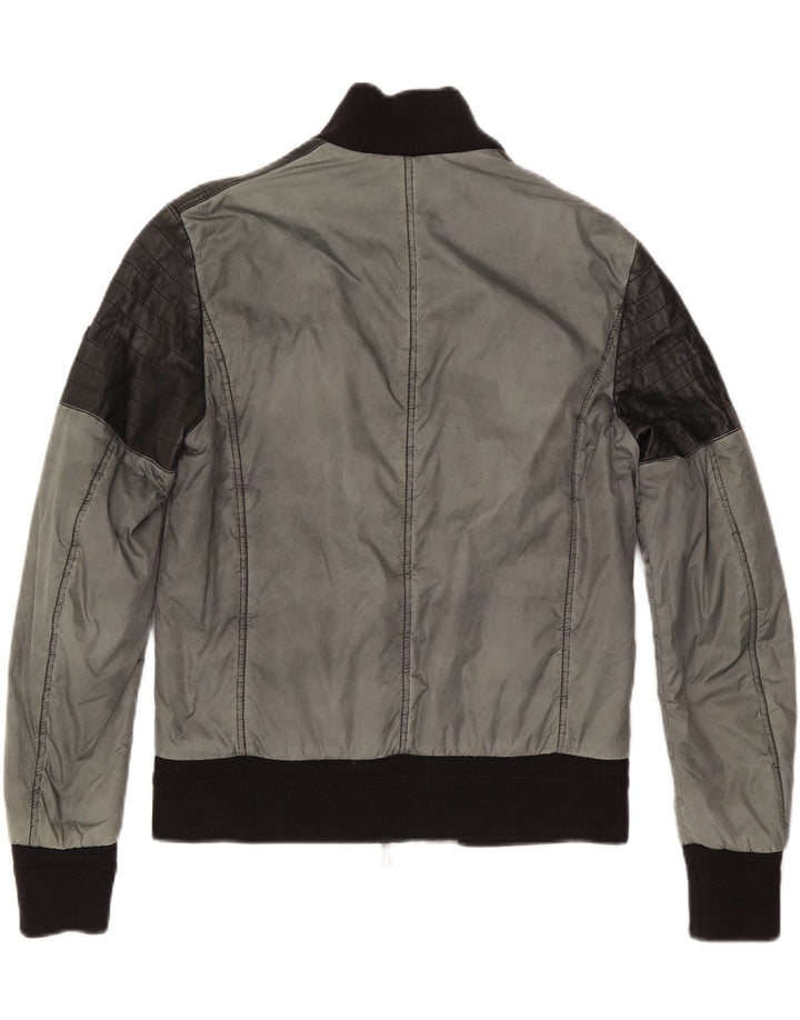 Vintage hombres slim bomber chaqueta EU 50 grande gris colorblock nylon