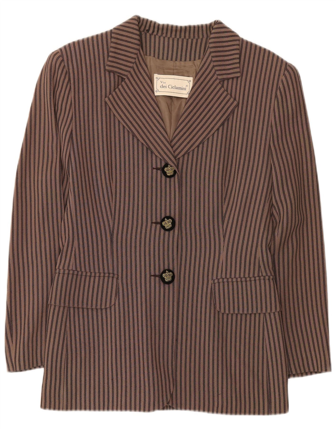 Via Dei Ciclamini Chaqueta tipo blazer de 3 botones para mujer UK 10 Small Brown Stripes