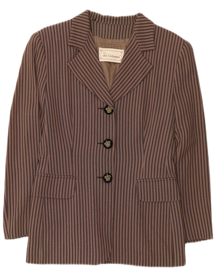 Via Dei Ciclamini Chaqueta tipo blazer de 3 botones para mujer UK 10 Small Brown Stripes