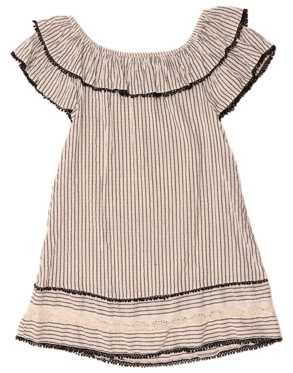 Zara Vestido Corto con Hombros Descubiertos para Mujer UK 40 Pequeño Algodón A Rayas Blanco