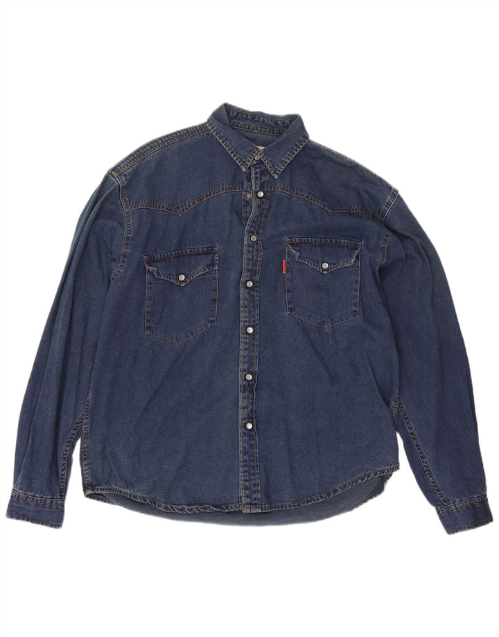 Camisa vaquera vintage holgada para hombre de algodón azul medio