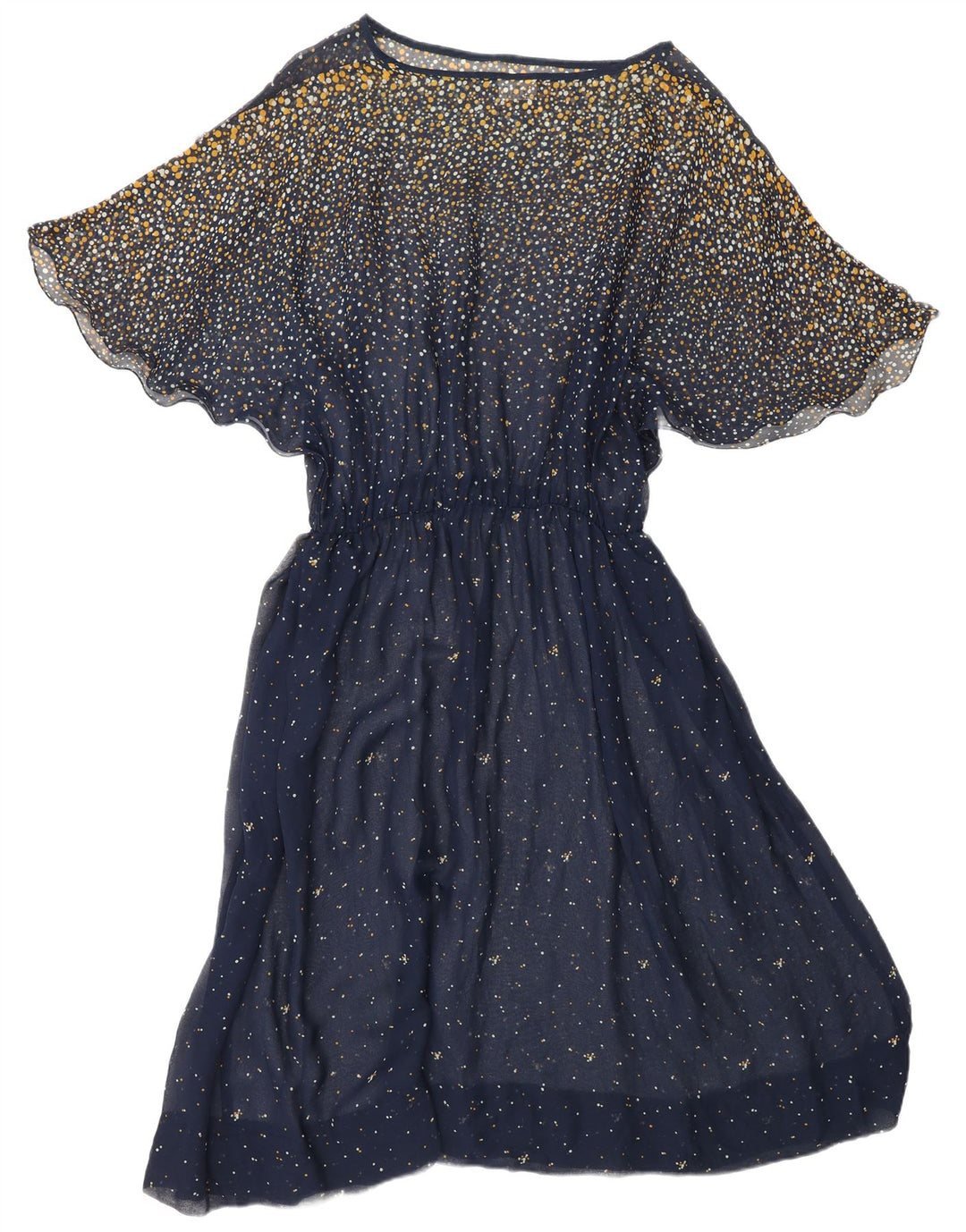 VINTAGE Mujer Batwing Maxi Vestido Reino Unido 18 XL Acetato Manchado Azul Marino