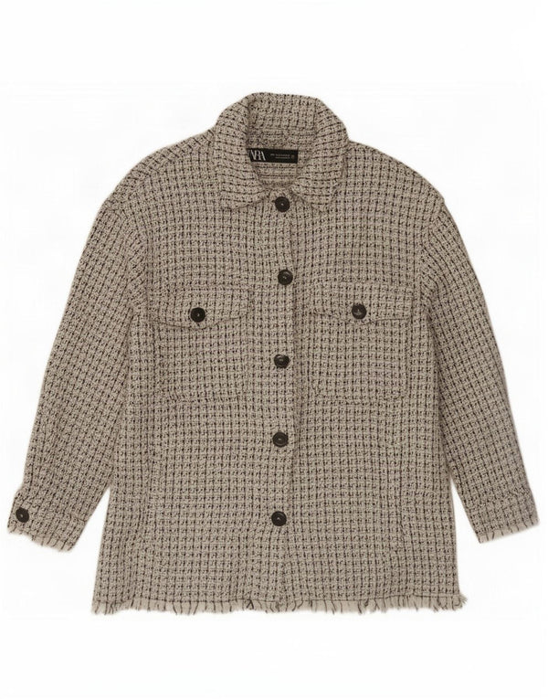 Zara Chaqueta tipo Shacket para mujer, Reino Unido 44, algodón moteado blanco mediano