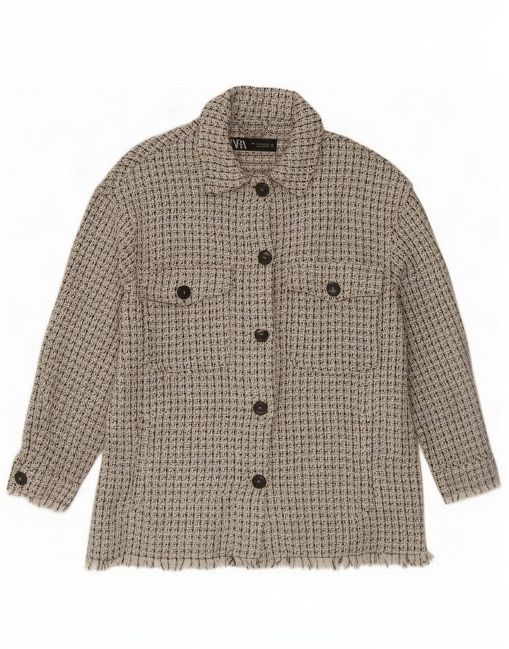 Zara Chaqueta tipo Shacket para mujer, Reino Unido 44, algodón moteado blanco mediano
