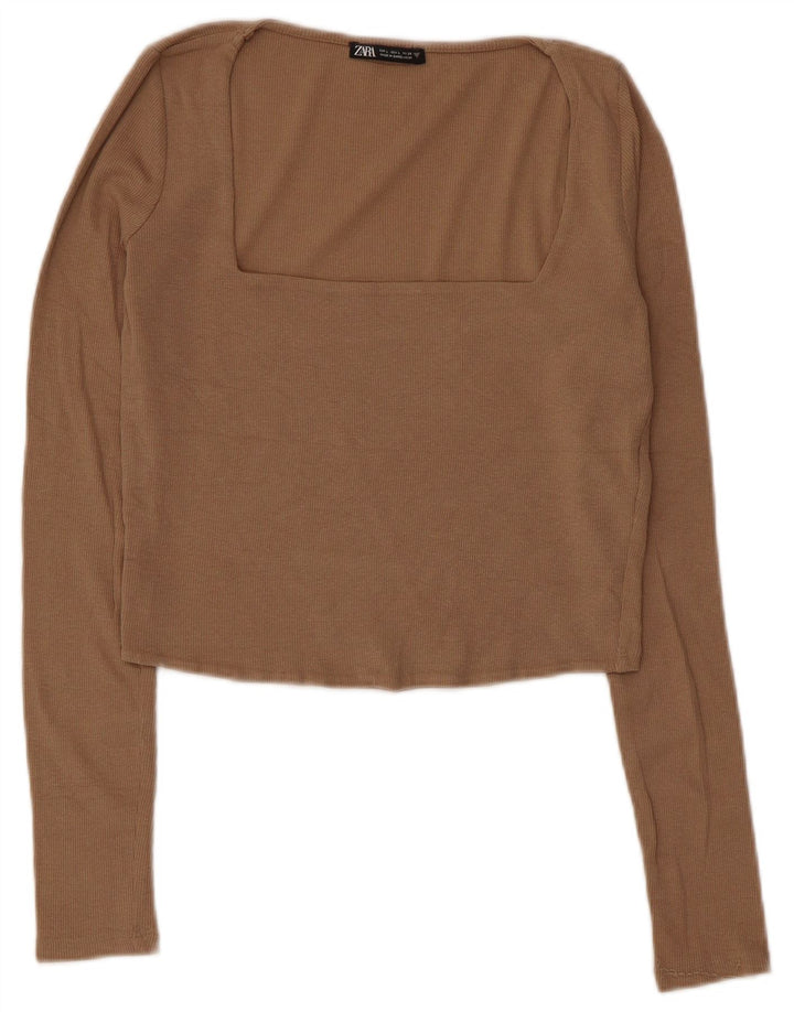 Zara Mujer Crop Top Manga Larga UK 44 Grande Gris Algodón