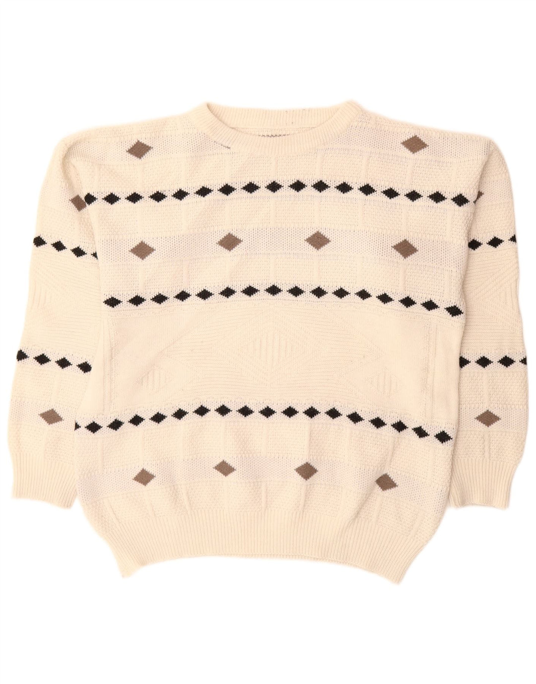 Vintage hombres cuello redondo jersey suéter XL blanco Argyle/Diamante