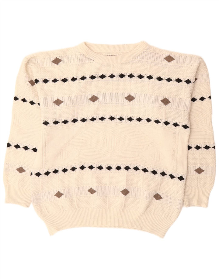 Vintage hombres cuello redondo jersey suéter XL blanco Argyle/Diamante