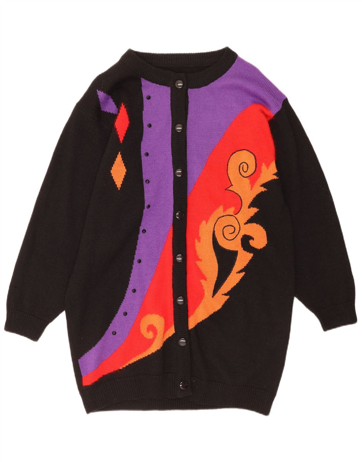 Vintage mujer longline cardigan suéter EU 40 medio negro colorblock