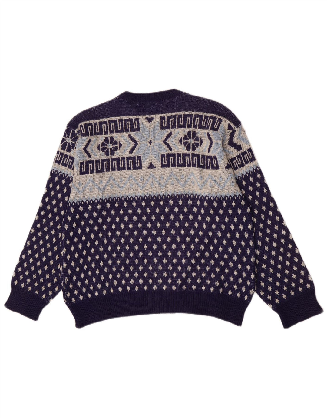 Vintage hombres cuello redondo jersey suéter medio azul marino geométrico