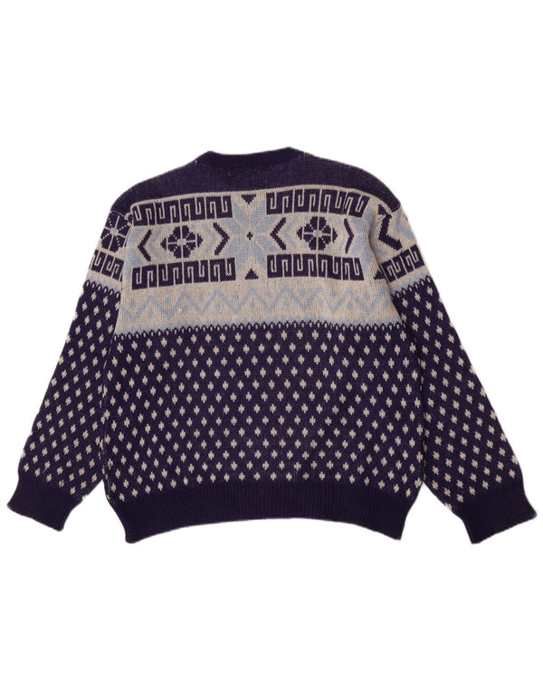 Vintage hombres cuello redondo jersey suéter medio azul marino geométrico