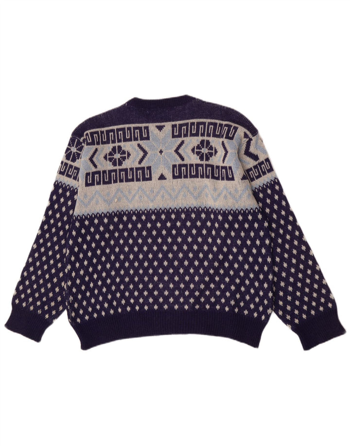 Vintage hombres cuello redondo jersey suéter medio azul marino geométrico