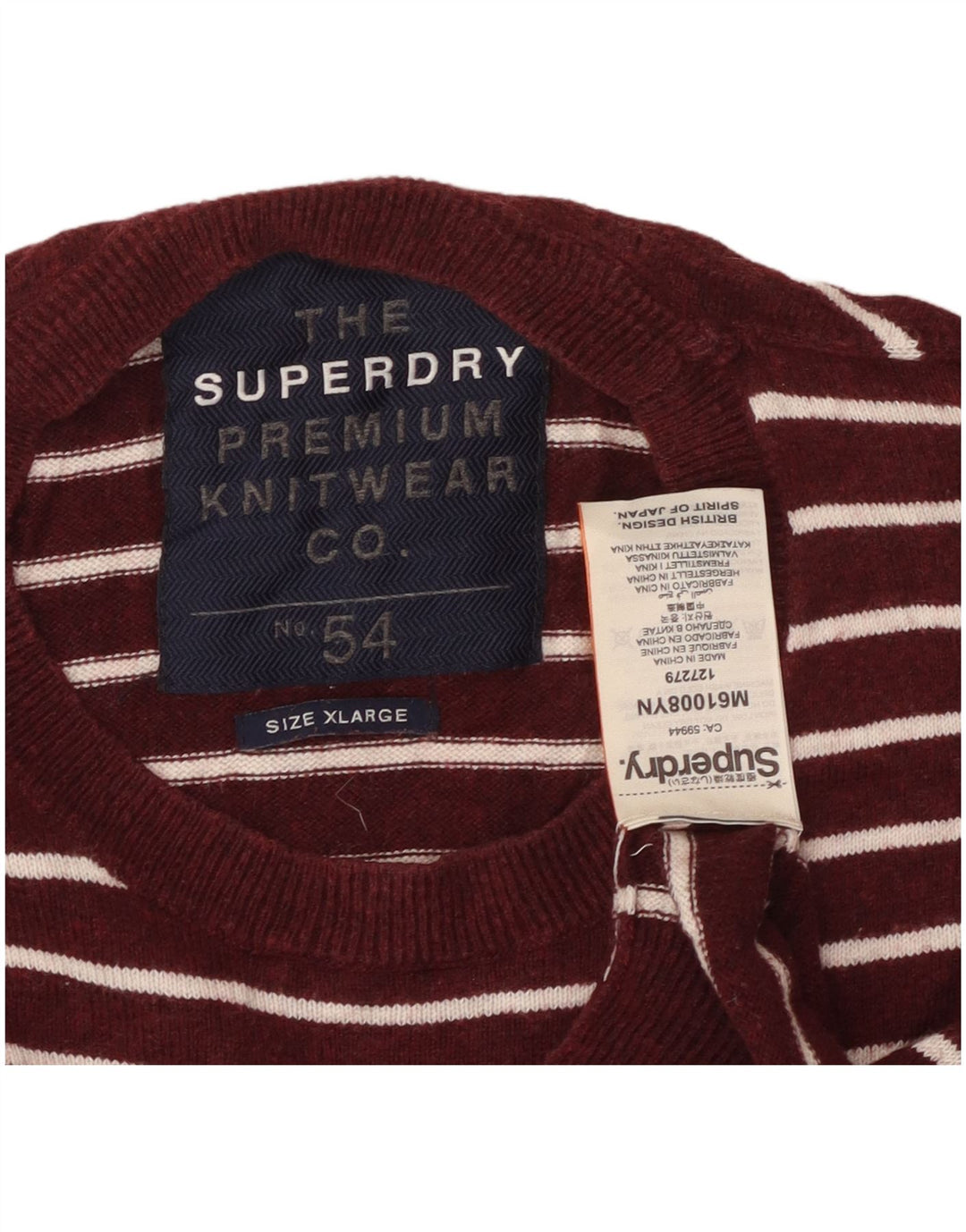 SUPERDRY Jersey de cuello redondo para hombre XL de algodón a rayas granate