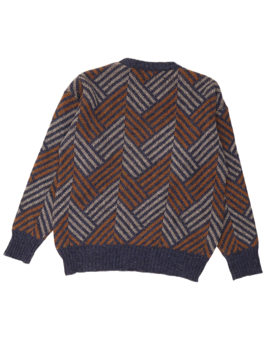 Vintage hombres cuello redondo jersey suéter grande multicolor Chevron lana