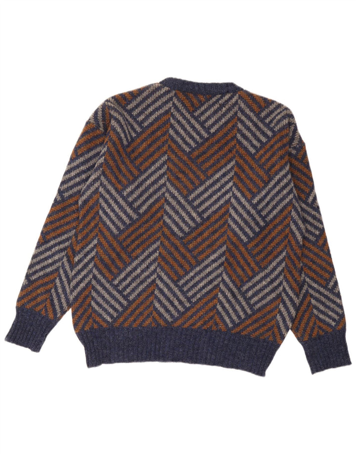 Vintage hombres cuello redondo jersey suéter grande multicolor Chevron lana