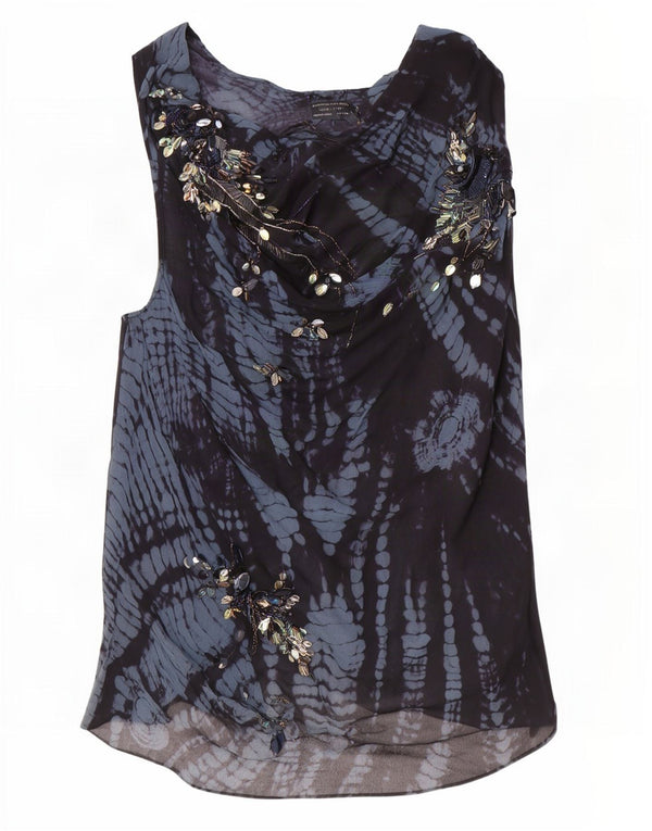 All Saints Blusa sin mangas para mujer UK 10 Small Blue Seda geométrica