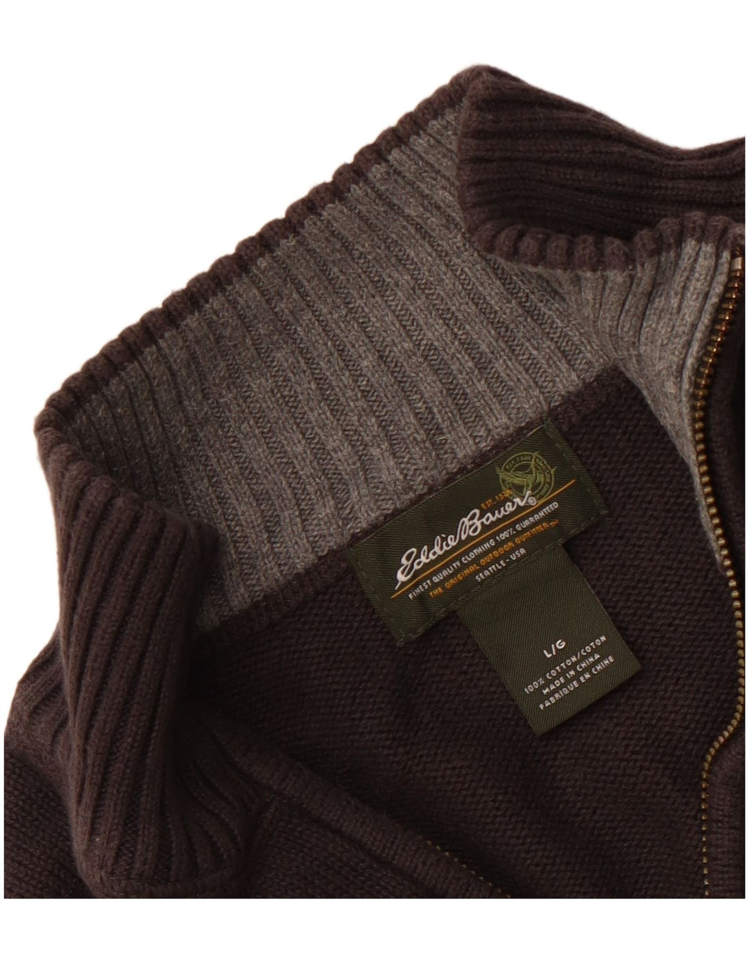 EDDIE BAUER Mens Zip Neck Jumper Sweater Large Grey Cotton