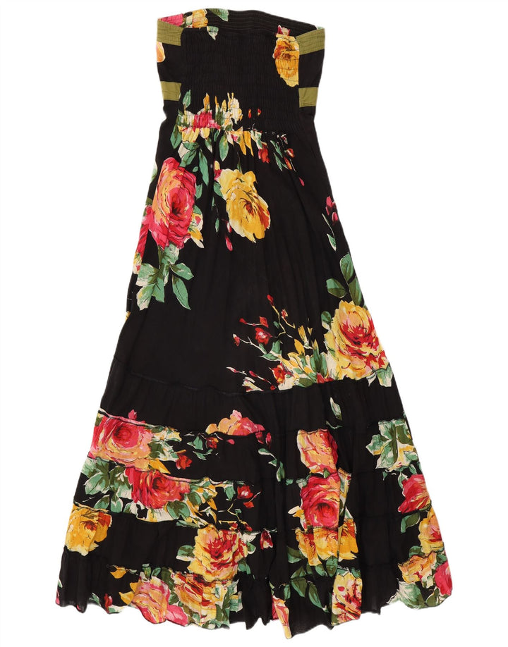 VINTAGE Mujer Maxi Vestido Sin Tirantes Reino Unido 14 Algodón Floral Negro Medio