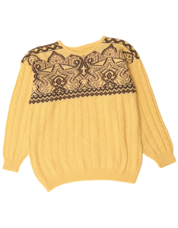 VINTAGE Hombres Crew Neck Jumper Suéter Grande Amarillo Fair Isle Lana