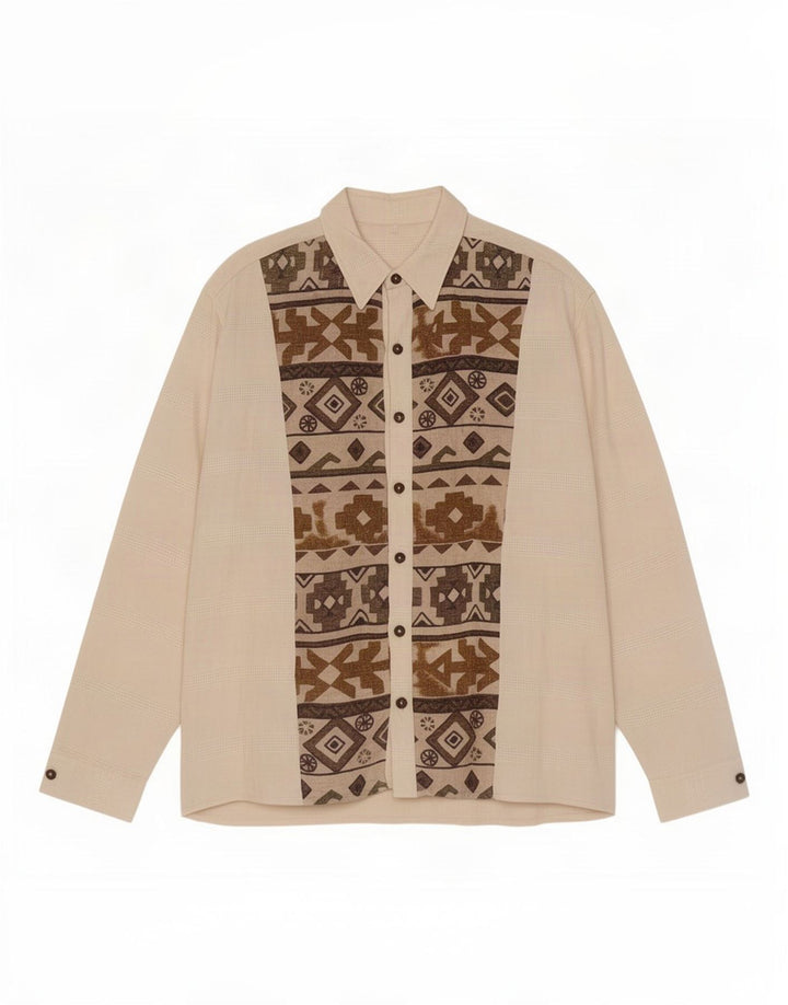 Camisa vintage para hombre grande de lino geométrico blanco roto