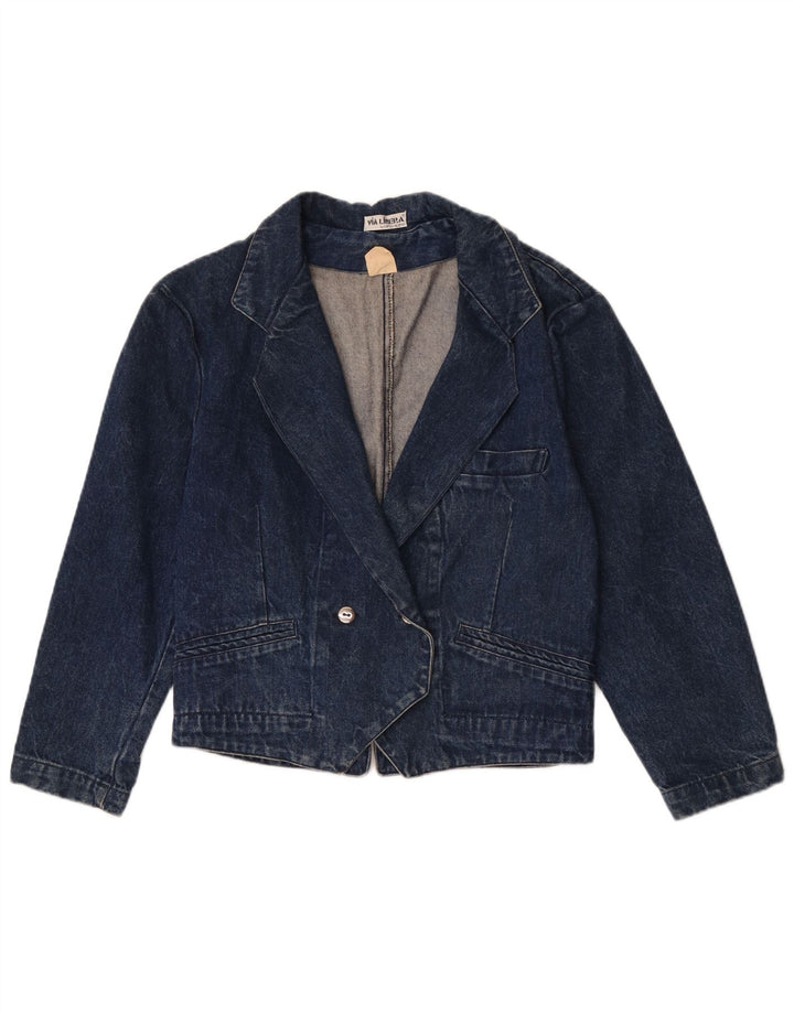 Vintage mujer doble pecho denim Blazer chaqueta Reino Unido 14 algodón azul medio