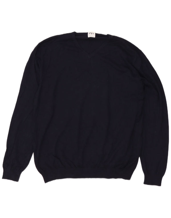 ZARA Hombre Jersey Cuello Pico 2XL Viscosa Azul Marino
