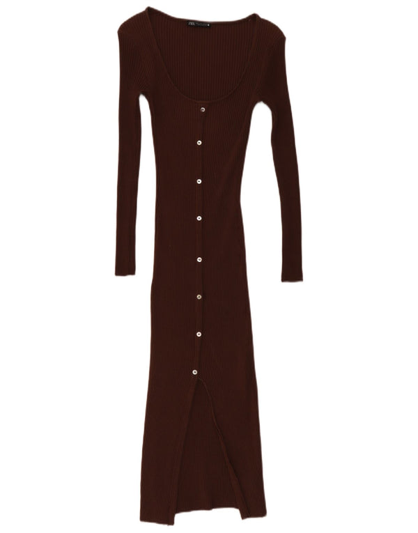Zara Womens Long Sleeve Bodycon Dress UK 8 Small Brown Cotton