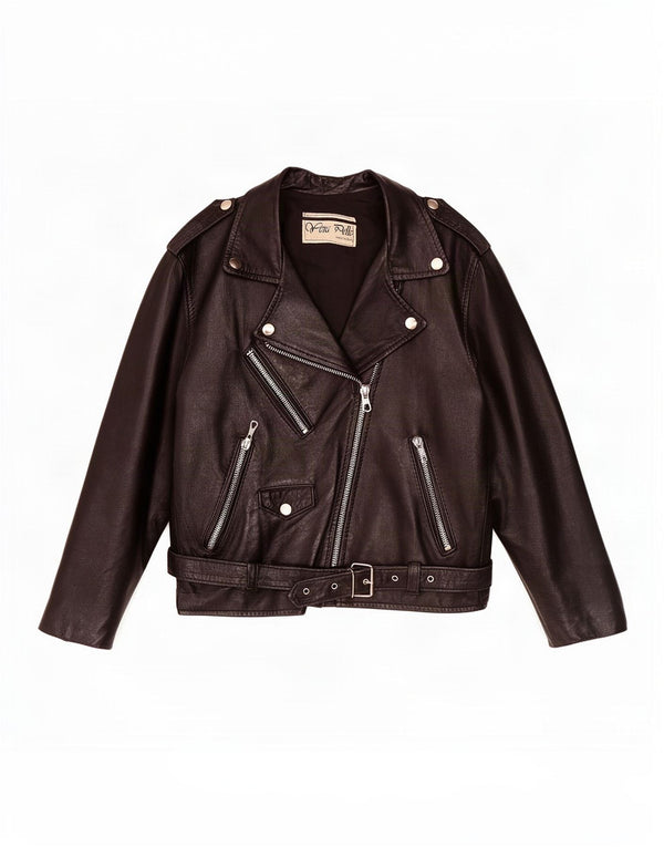 Vintage mujer cuero biker chaqueta Reino Unido 12 Medio Negro