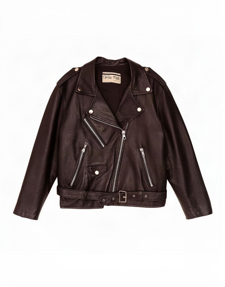 Vintage mujer cuero biker chaqueta Reino Unido 12 Medio Negro