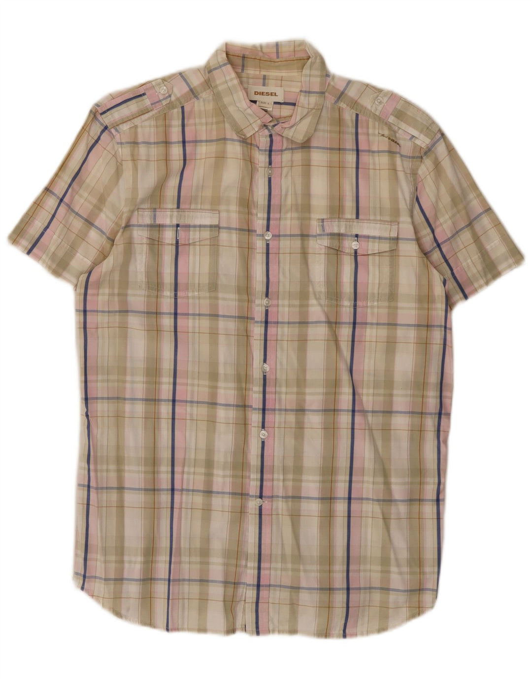 Diesel Hombre Camisa De Manga Corta De Algodón A Cuadros Beige Grande