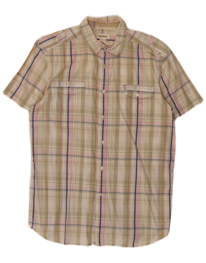 Diesel Hombre Camisa De Manga Corta De Algodón A Cuadros Beige Grande