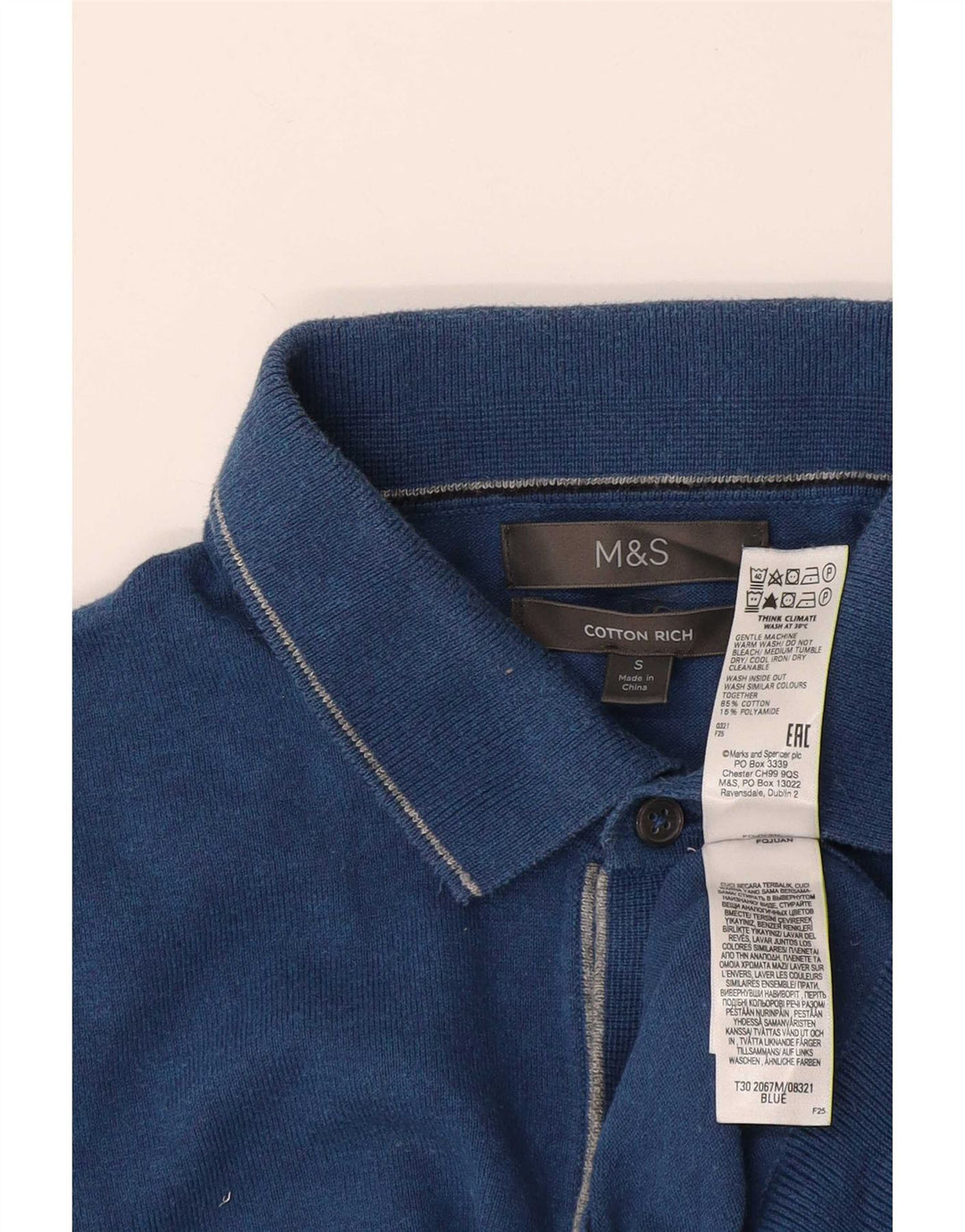Marks & Spencer Jersey con cuello tipo polo para hombre, talla pequeña, algodón azul