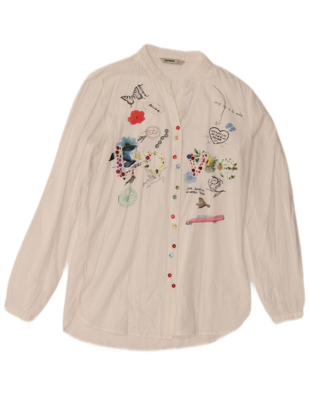 Desigual Mujer Blusa Camisa Gráfica UK 10 Small Blanco