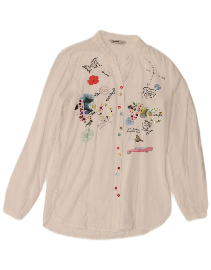 Desigual Mujer Blusa Camisa Gráfica UK 10 Small Blanco