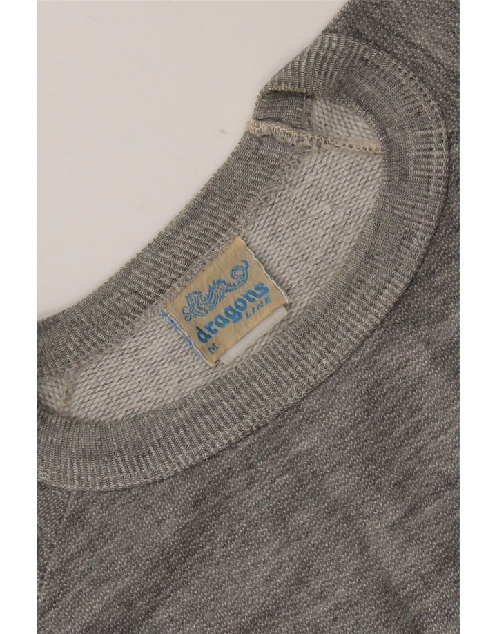 Vintage hombres sudadera gráfica jumper medio gris moteado algodón