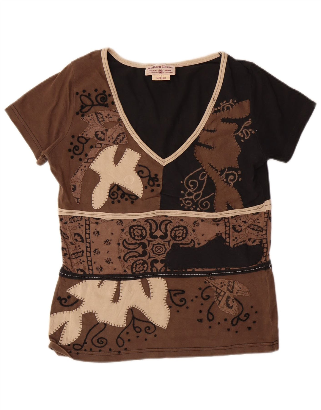 MARLBORO CLASSICS Camiseta para mujer Top UK 12 Algodón Paisley Marrón Medio